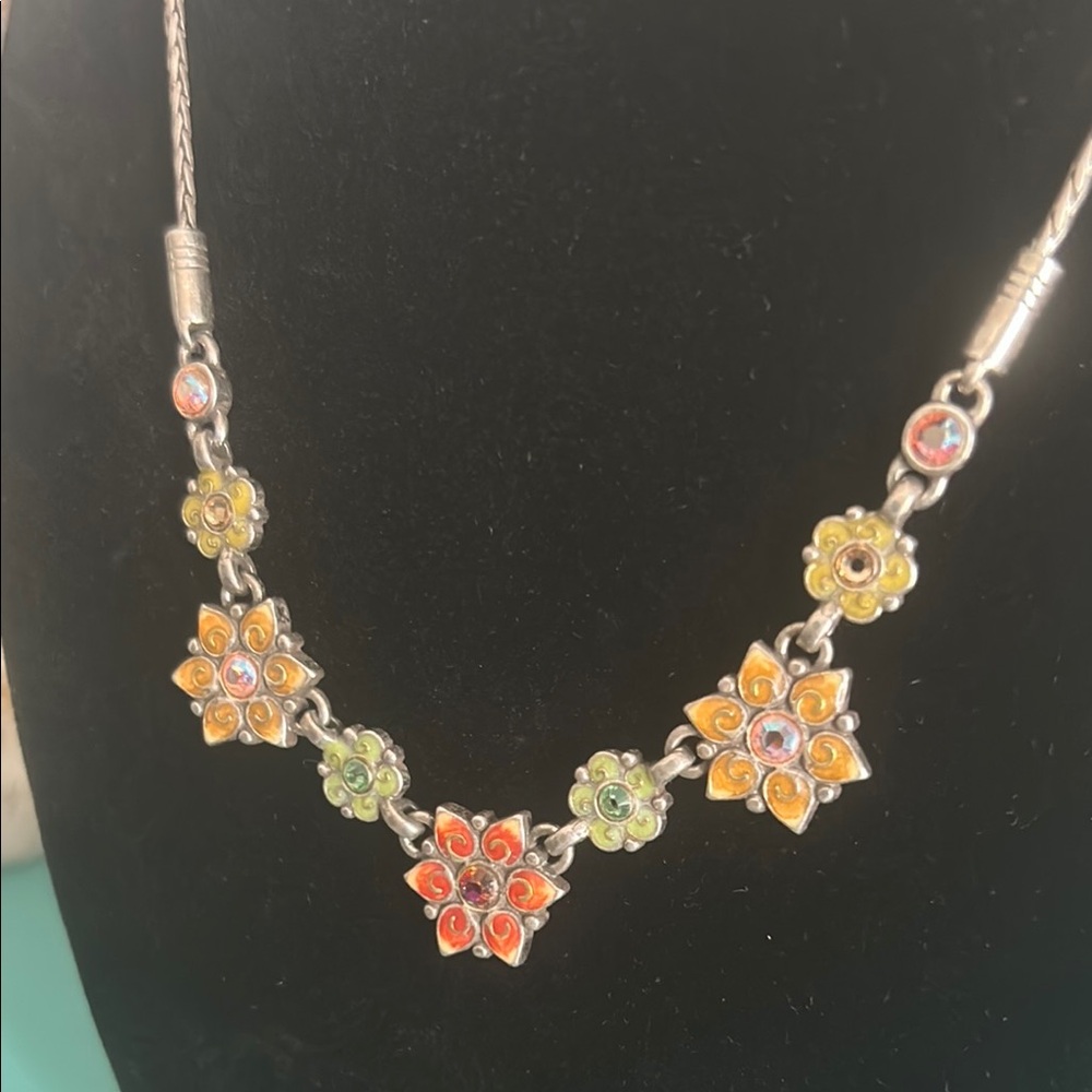 BRIGHTON GARDEN OF EDEN Retired Silver Plated and Enamel Floral Crystal Necklace - Picture 2 of 8